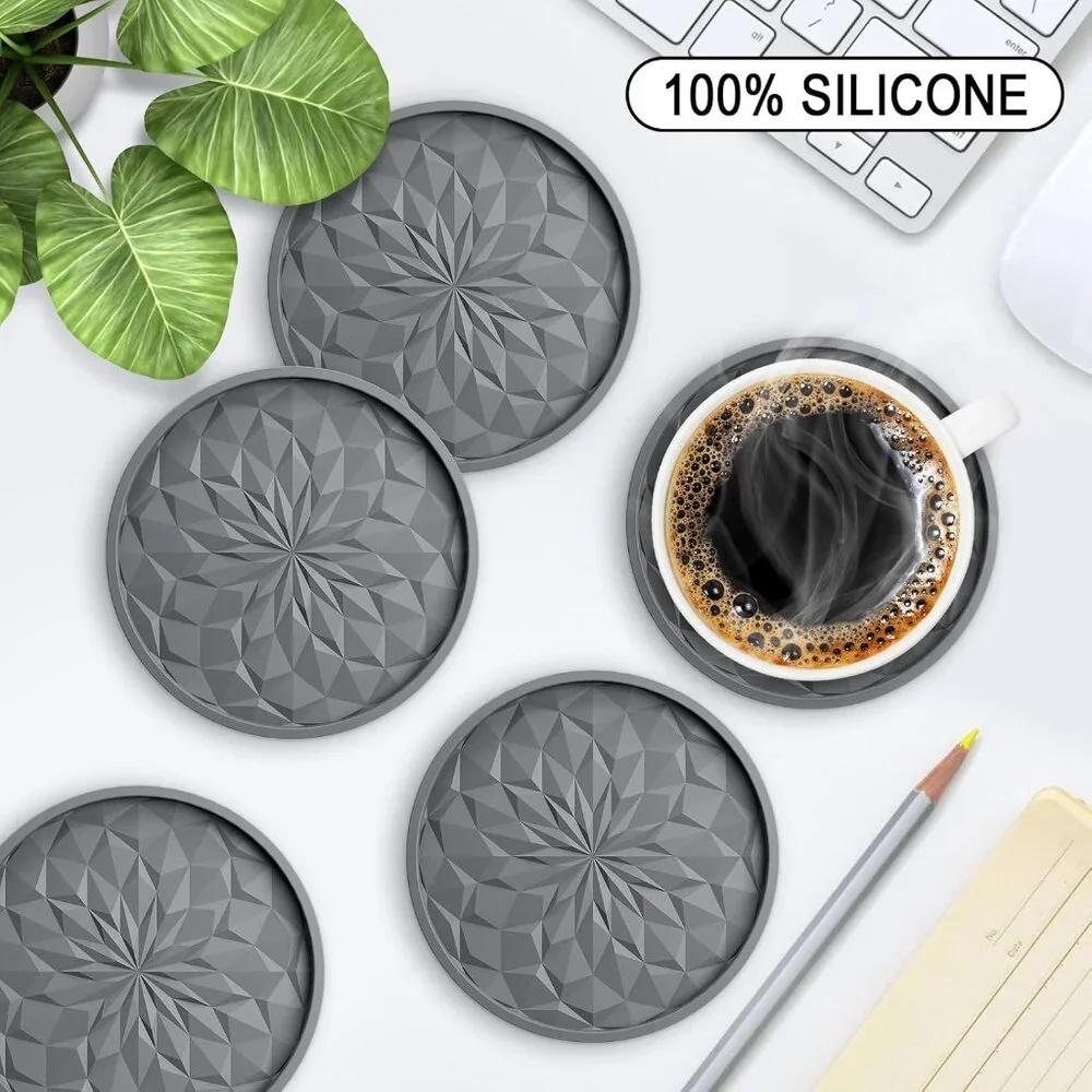 New Silicone Coasters with Holder,[6 Pack] Drinking Coasters - Cup Mat for Hot